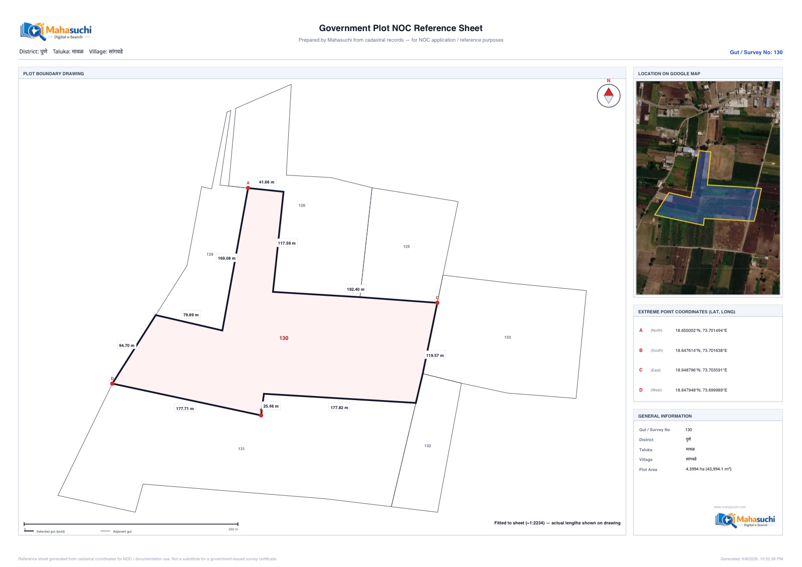 Sample Gov Plot NOC sheet with true-dimension gut drawing, Google map and corner coordinates